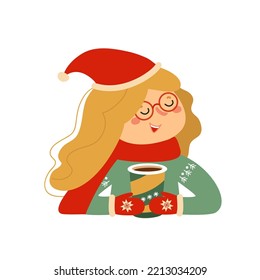 Cute little girl in glasses and Santa hat with coffee or hot chocolate in her hands. Happy female kid in winter holding cup of drink. Funny cartoon character, vector illustration. Flat design