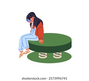 Cute little girl in glasses sits bored on playground alone. Lonely sad child relaxes on school yard. Upset kid is on kindergarten play ground. Flat isolated vector illustration on white background