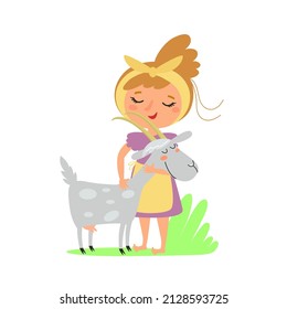 Cute little girl with goat. Happy female kid take care about farm animal. Cartoon child with pet on the grass. Concept of fresh healthy dairy product for children. Hand drawn flat vector illustration