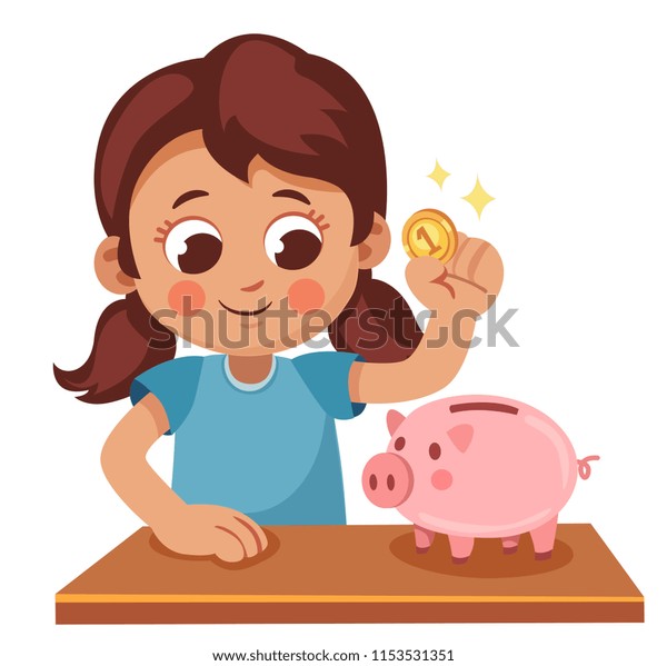 かわいい女の子が貯金箱にコインを入れる 子どもがお金を貯める 漫画のベクターイラスト のベクター画像素材 ロイヤリティフリー