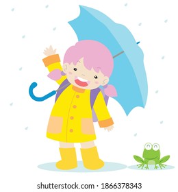 Cute little girl going to school on rainy day wearing rain coat and umbrella vector illustration