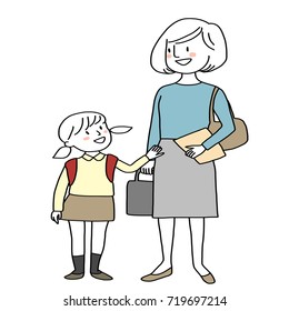 Cute little girl going to school with her working mother.  Vector illustration with hand-drawn style.