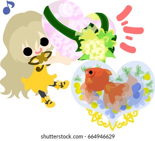 A cute little girl and a goldfish bowl and a heart present