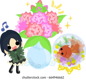 A cute little girl and a goldfish bowl and a vase