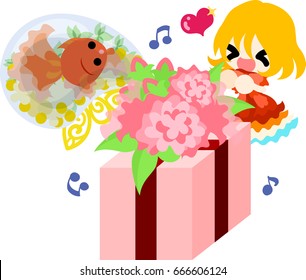 A cute little girl and a goldfish bowl and a present