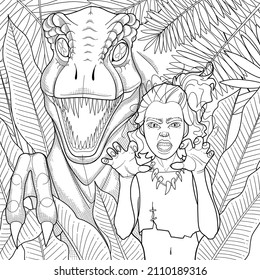 Cute little girl grawls together with an allosaurus among tropical leaves. Prehistoric world of dinosaurs. Vector line graphics for coloring books