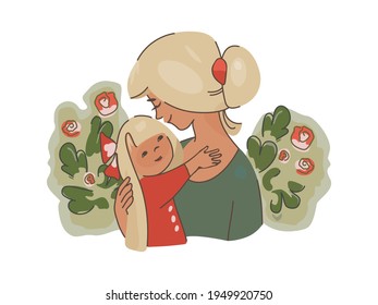 Cute little girl greeting her mother in a rose garden. Mother's day concept. Parent and child. Mom hugging her daughter with a lot of love and tenderness. Vector illustration in flat cartoon style
