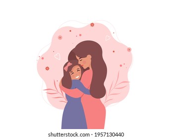 Cute little girl greeting her mother. Mother's day concept. Parent and child. Mom hugging her daughter with a lot of love and tenderness. Vector illustration in flat cartoon style