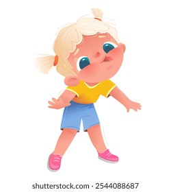 Linda niña haciendo muecas de expresión facial, niño travieso y travesura. Niños personajes emociones y comportamiento de dibujos animados, niños jugando. Ilustración vectorial, diseño de personajes para niños.