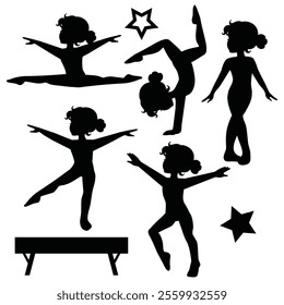 Cute little girl gymnast silhouette vector cartoon illustration