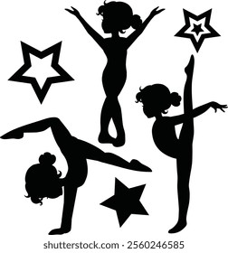 Cute little girl gymnast silhouette vector cartoon illustration