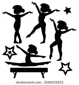 Cute little girl gymnast silhouette vector cartoon illustration
