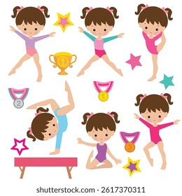 Cute little girl  gymnast vector cartoon illustration