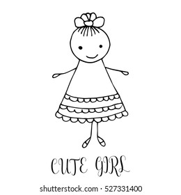 Cute little girl. Hand drawing in funny kids style. Design element for decoration souvenirs, cards, poster, banner. Imitation drawing child. Contour. Vector illustration isolated on white background.