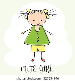 Cute little girl. Hand drawing in funny kids style. Design element for decoration souvenirs, cards, poster, banner. Imitation drawing child. Contour. Vector illustration isolated on white background.