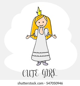 Cute little girl. Hand drawing in funny kids style. Design element for decoration souvenirs, cards, poster, banner. Imitation drawing child. Doodles. Vector illustration isolated on white background.