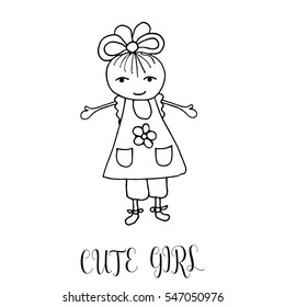 Cute little girl. Hand drawing in funny kids style. Design element for decoration souvenirs, cards, poster, banner. Imitation drawing child. Doodles. Vector illustration isolated on white background.