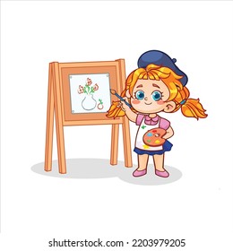 Cute Little Girl Happily Practicing Drawing Stock Vector (Royalty Free ...