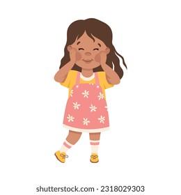 Cute little girl with happy face expression. Brunette girl dressed yellow t-shirt and pink sundress standing with her hands on cheeks cartoon vector illustration