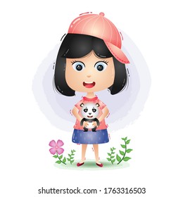 Cute little girl happy playing and hug with the panda doll. vector illustration