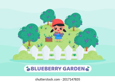 Cute little girl harvesting blueberry in the garden with fruit wooden box.  kawaii cartoon illustration. Suitable for children, farming, botanical, plantation product content illustration.