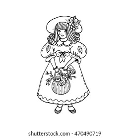 Cute little girl in a hat with a basket of flowers. Hand drawn graphics illustration isolated on white background. Imaginary person. For prints, clothes, designs, invitation cards, coloring book.  
