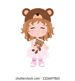 Cute little girl in hat with bears ears. Baby holding plush toy. Vector.