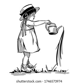 Cute little girl in a hat with a black bow holding watering can in her hands. Sunny day in the village, baby. Agriculture, gardening, agronomy, ecology, cultivation. Black graphic sketch. 