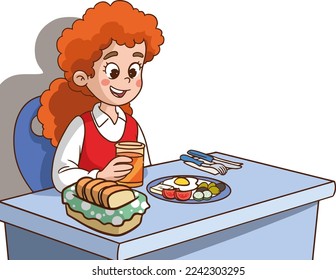 cute little girl having breakfast cartoon vector illustration