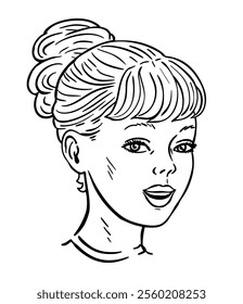 Cute little girl. Head portrait. Happy smile on your face. Children and childhood. Vector illustration. Black and white sketch outline