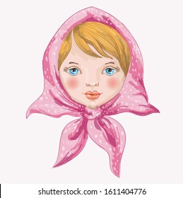 Cute Little Girl in the head scarf Vector Isolated Cartoon Illustration