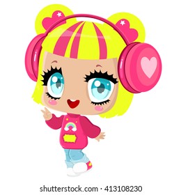 Cute little girl with headphones. Girl listening to music. I love music. Children's character. 