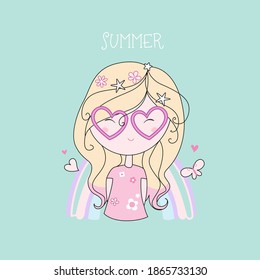 Cute little girl in heart shaped sun glasses, over background with rainbow. Trendy card or template for your design. Vector.
