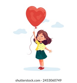 Cute little girl with heart shaped balloon, summer illustration. Blue clouds in the background. Small happy child holding red balloon. Isolated on white background.