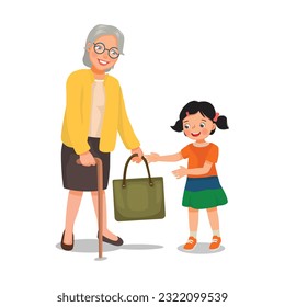 Cute little girl helping grandmother carrying bag