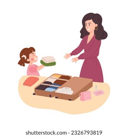 Cute little girl helping her mother packing suitcase, flat vector illustration isolated on white background. Family getting ready for trip or summer vacation. Woman with child packing clothes in bag.