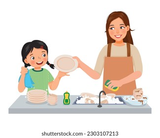 Cute little girl helping mother washing dishes in the kitchen doing housework chores at home