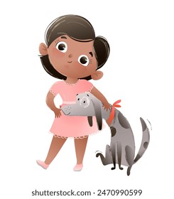 Cute little girl and her best friend dog, Children characters illustration with pets, fun graphics of kids and puppies. Vector hand drawn cartoon in watercolor style.