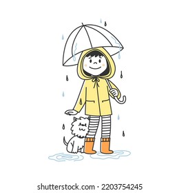 A cute little girl with her dog is standing in the rain. A child with a pet under an umbrella. Autumn illustration linear flat style doodle.