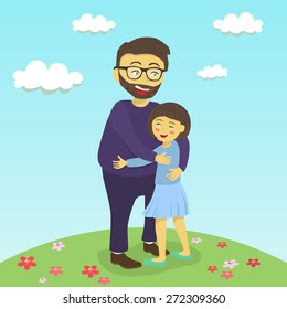 A cute little girl and her father hugging in garden.