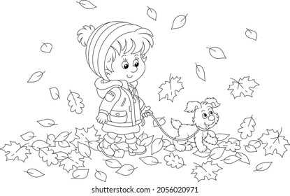 Cute little girl and her merry pup walking on autumn leaves around a park, black and white outline vector cartoon illustration for a coloring book page