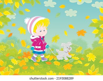 Cute little girl and her merry pup walking on colorful fallen leaves around a park on a beautiful autumn day, vector cartoon illustration