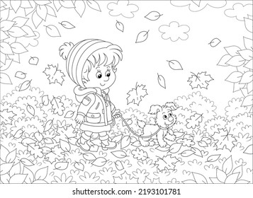 Cute little girl and her merry pup walking on fallen leaves around a park on a beautiful autumn day, black and white outline vector cartoon illustration for a coloring book page