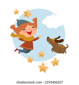 Cute little girl and her puppy playing with autumn leaves. Happy female kid with funny dog jumping outdoor. Children activity, child and doggy is friends. Cartoon characters, vector illustration. 