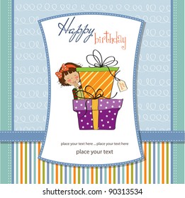 cute little girl hidden behind boxes of gifts. happy birthday greeting card