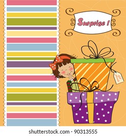 cute little girl hidden behind boxes of gifts. happy birthday greeting card