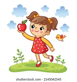 Cute little girl holding an apple in her hands on a green summer meadow. Vector illustration with a baby in cartoon style.