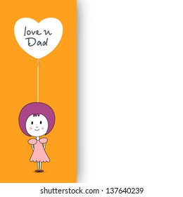 Cute little girl holding a balloon having text love you Dad and blank space for your message, greeting card or gift card for Happy Fathers Day.