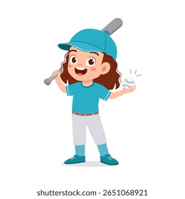 Cute Little Girl Holding Baseball Bat and Ball with Happy Expression in Illustration