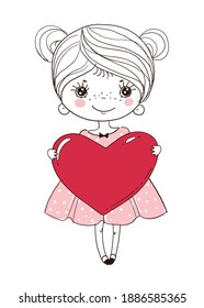 Cute little girl is holding a big red heart. Doodle illustration for wedding, Valentine s Day. Romantic greeting card, sketch, linear hand drawing. Vector illustration isolated on white background